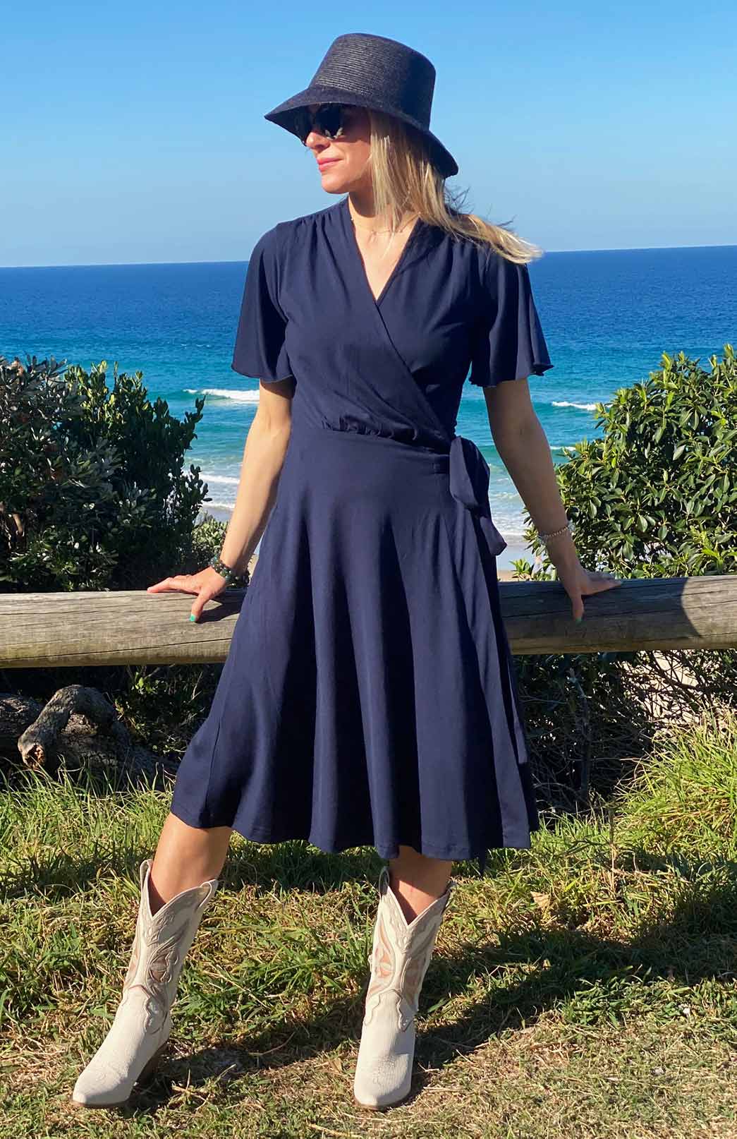 French Navy Blue Women's Short Sleeve Merino Wool Wrap Dress