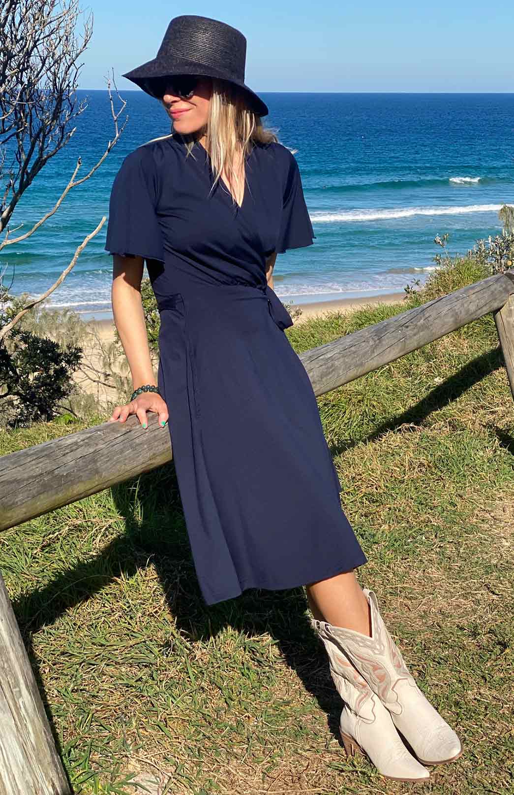 French Navy Blue Women's Short Sleeve Merino Wool Wrap Dress