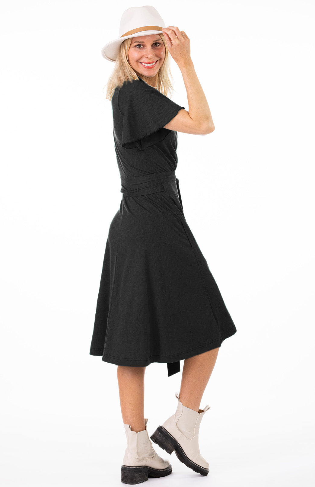 Black Women's Short Sleeve Merino Wool Wrap Dress