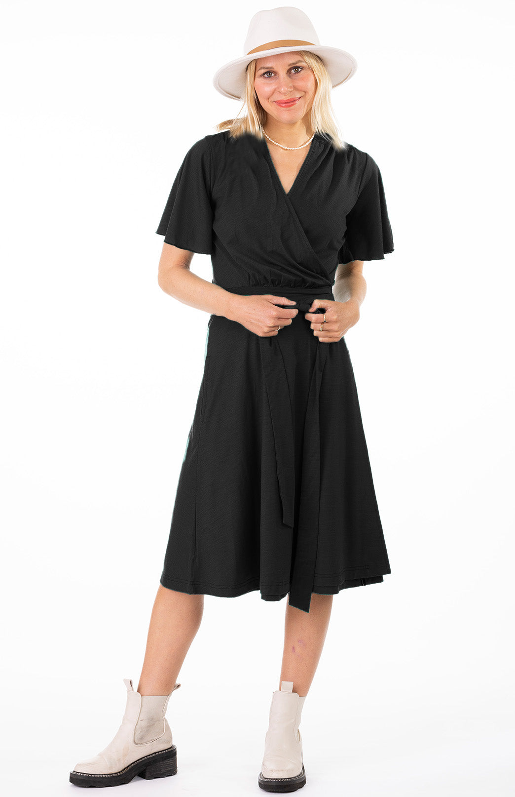 Black Women's Short Sleeve Merino Wool Wrap Dress