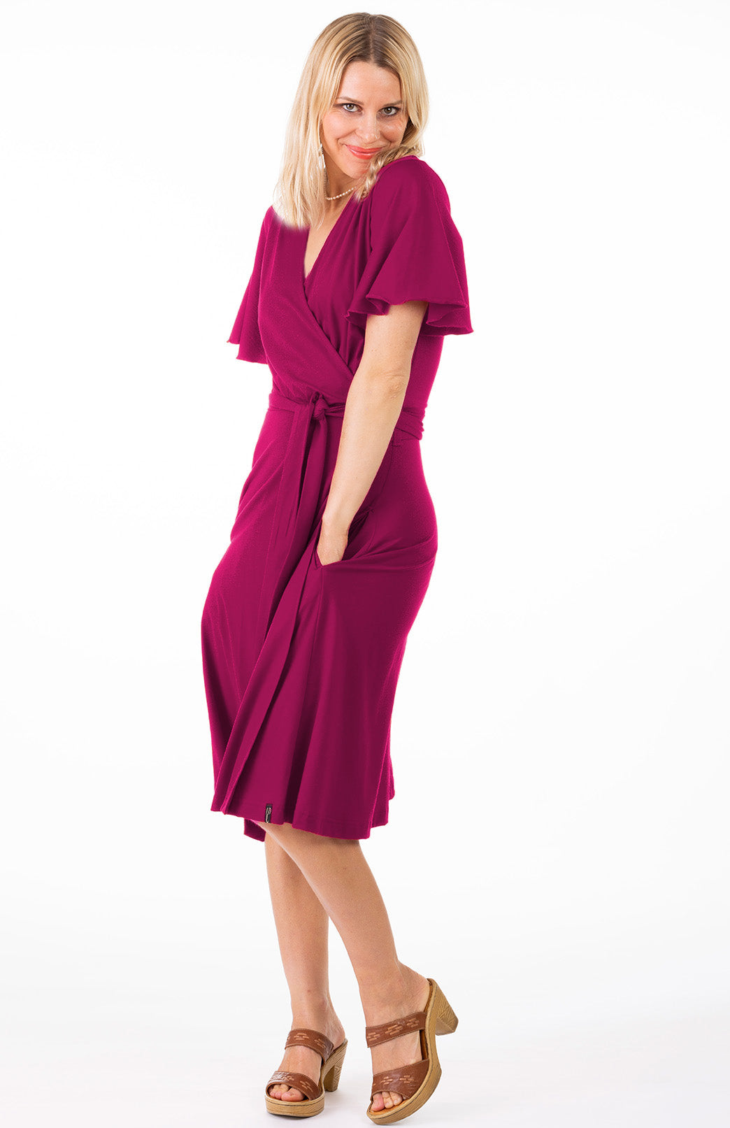 Magenta Women's Short Sleeve Merino Wool Wrap Dress