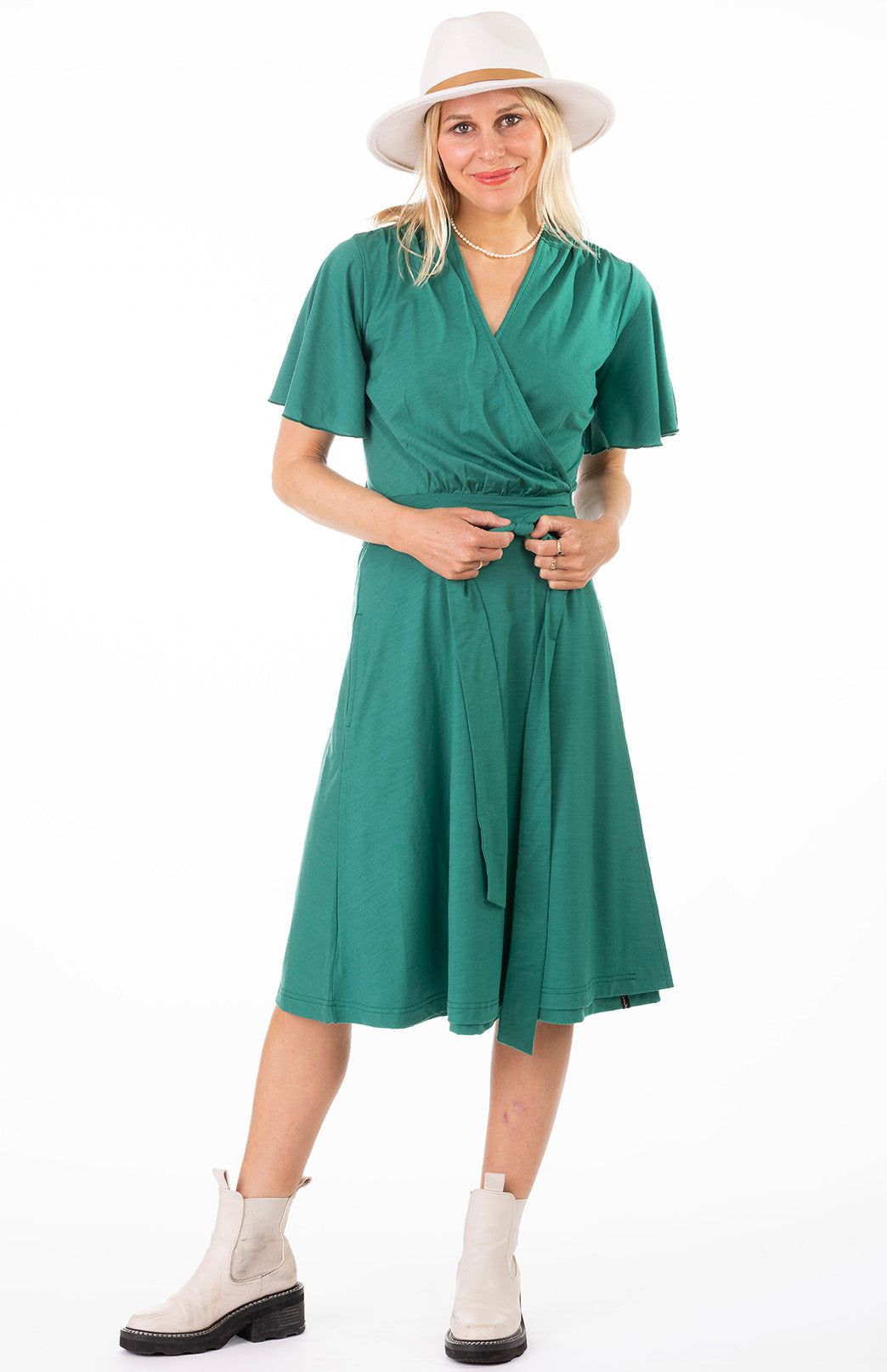 Soft Emerald Green Women's Short Sleeve Merino Wool Wrap Dress
