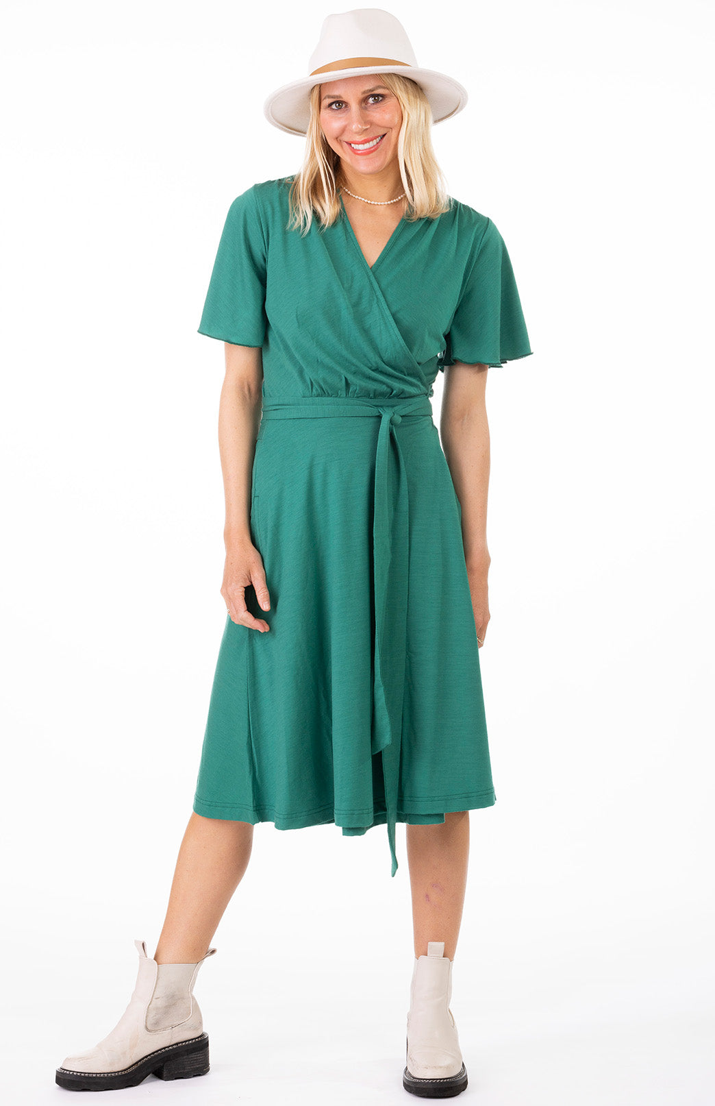 Soft Emerald Green Women's Short Sleeve Merino Wool Wrap Dress
