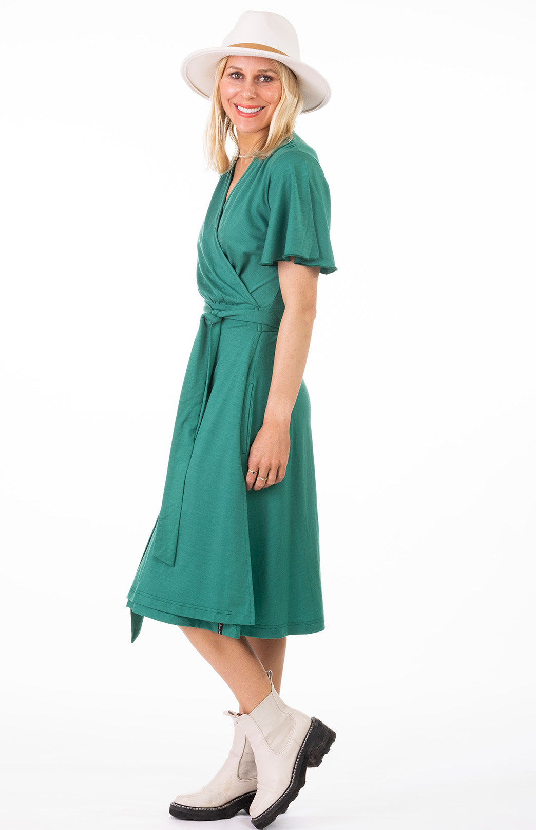 Soft Emerald Green Women's Short Sleeve Merino Wool Wrap Dress