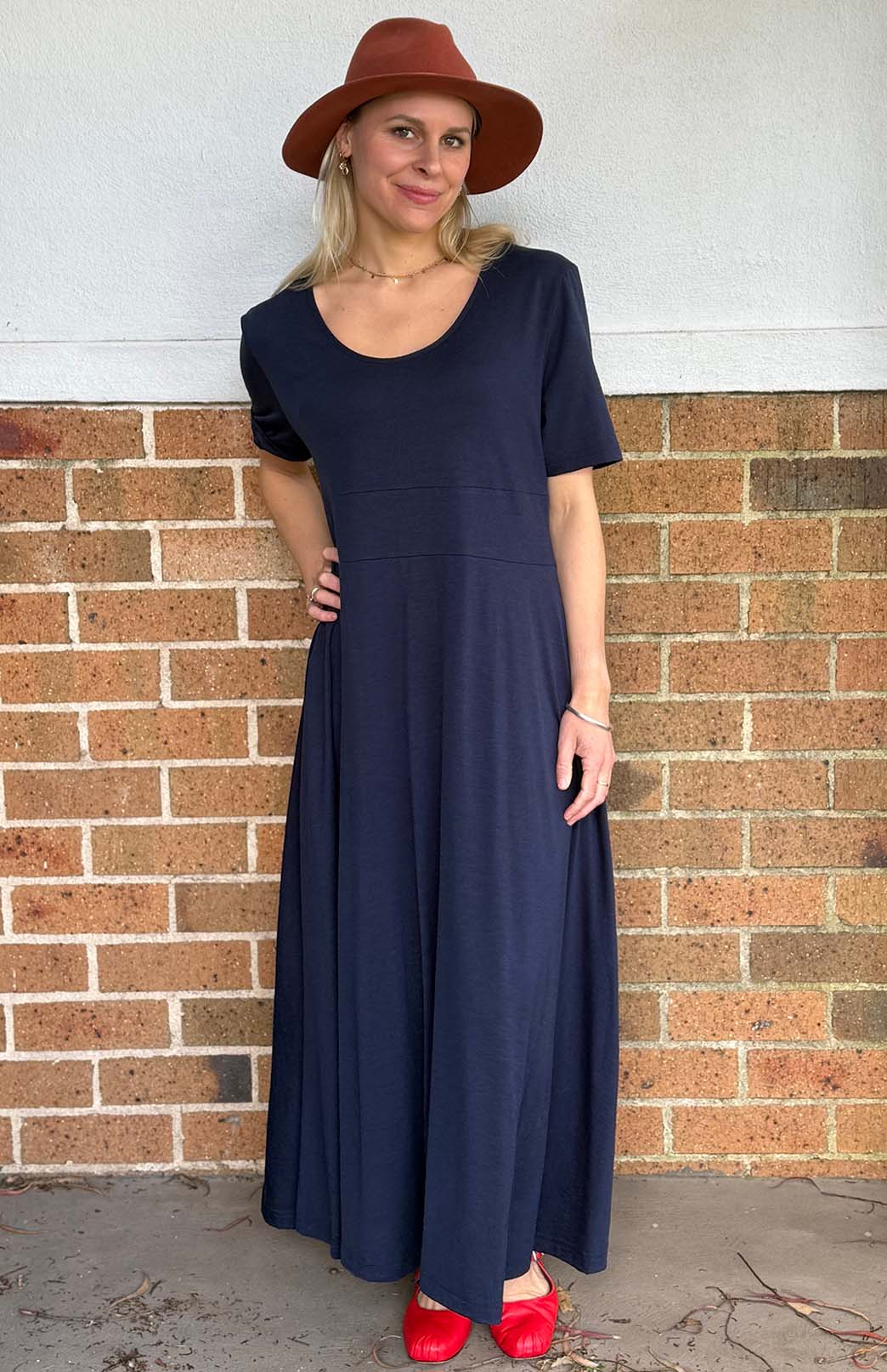 French Navy Blue Women's Loose Fitting Merino Wool Short Sleeve Dress