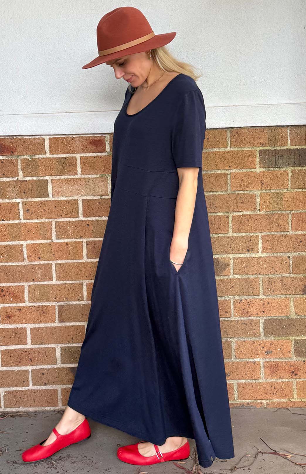 French Navy Blue Women's Loose Fitting Merino Wool Short Sleeve Dress