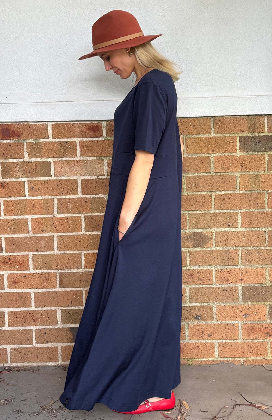 French Navy Blue Women's Loose Fitting Merino Wool Short Sleeve Dress