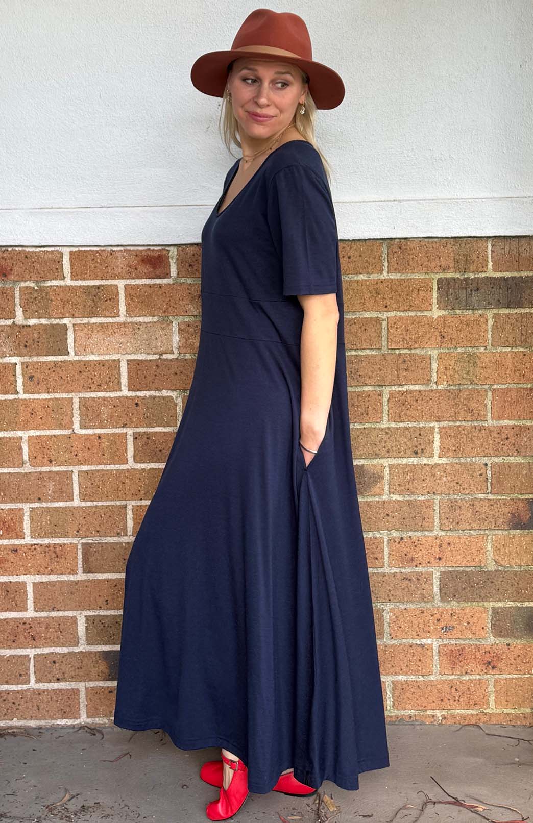 French Navy Blue Women's Loose Fitting Merino Wool Short Sleeve Dress