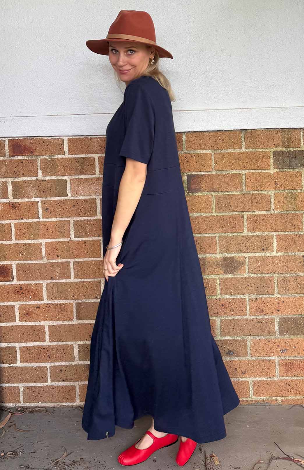 French Navy Blue Women's Loose Fitting Merino Wool Short Sleeve Dress