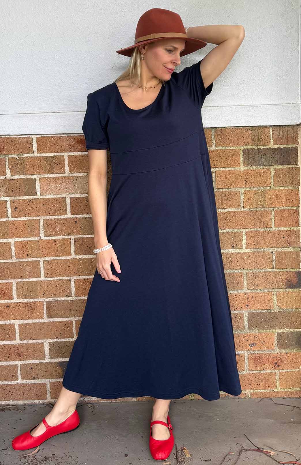 French Navy Blue Women's Loose Fitting Merino Wool Short Sleeve Dress