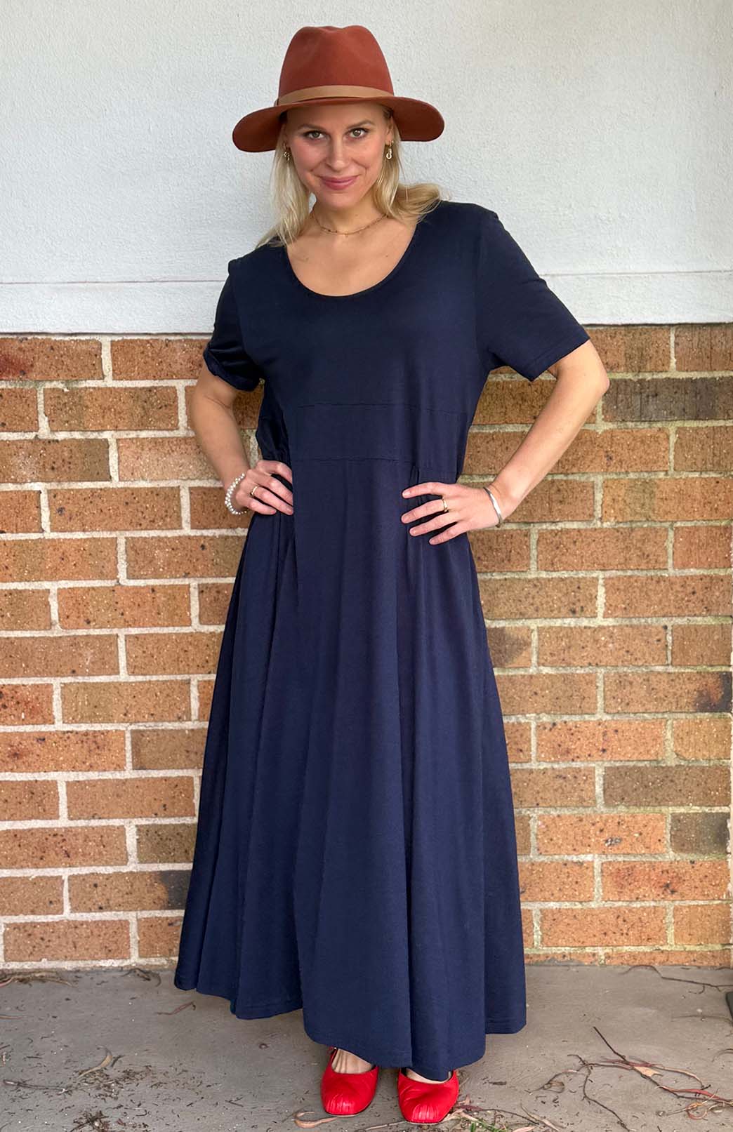 French Navy Blue Women's Loose Fitting Merino Wool Short Sleeve Dress