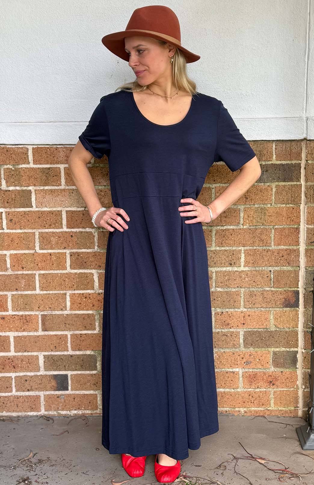 French Navy Blue Women's Loose Fitting Merino Wool Short Sleeve Dress