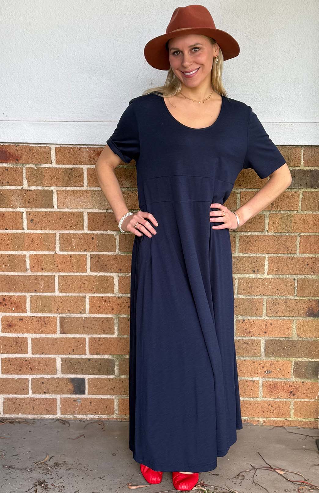 French Navy Blue Women's Loose Fitting Merino Wool Short Sleeve Dress