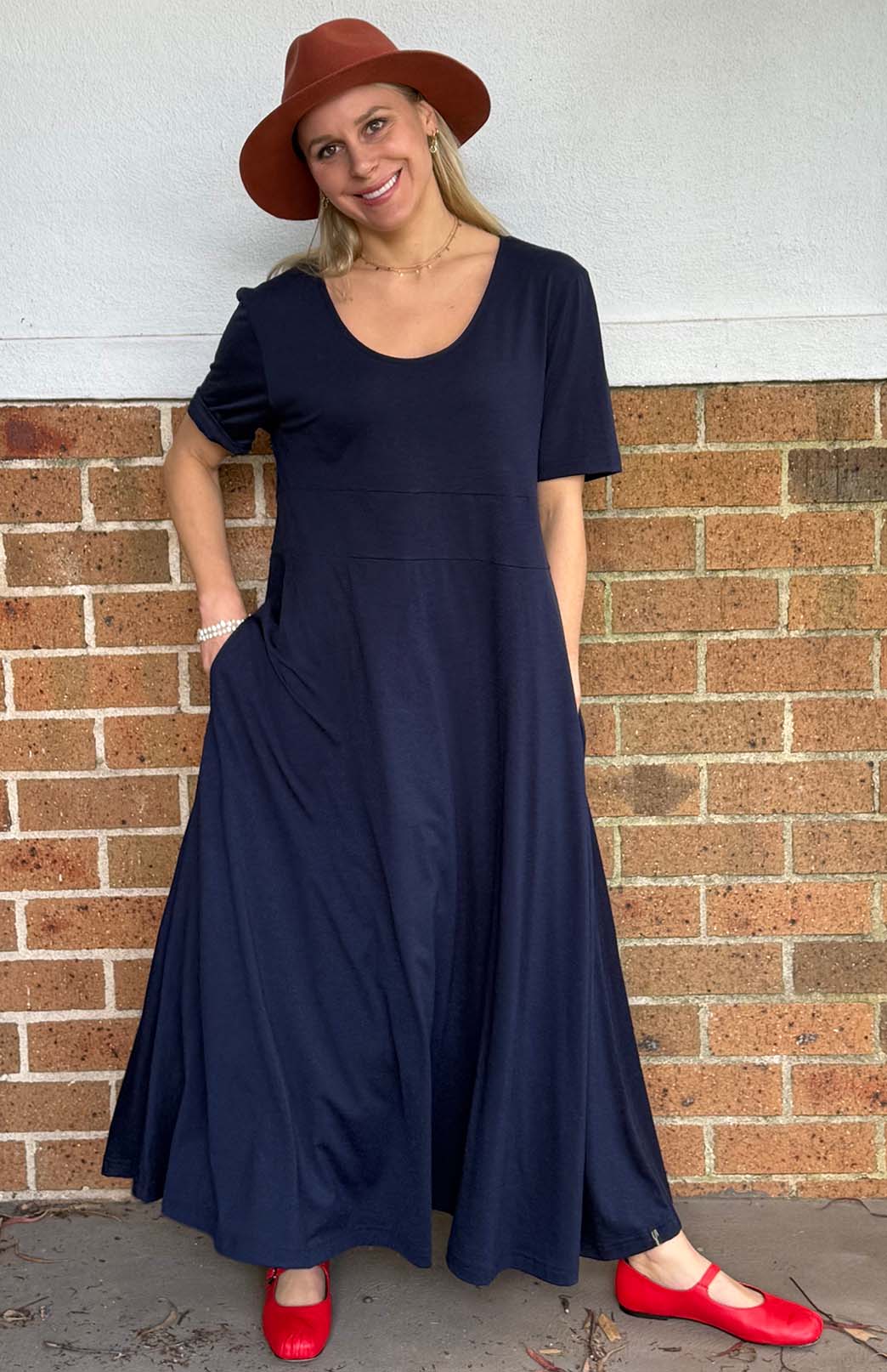 French Navy Blue Women's Loose Fitting Merino Wool Short Sleeve Dress