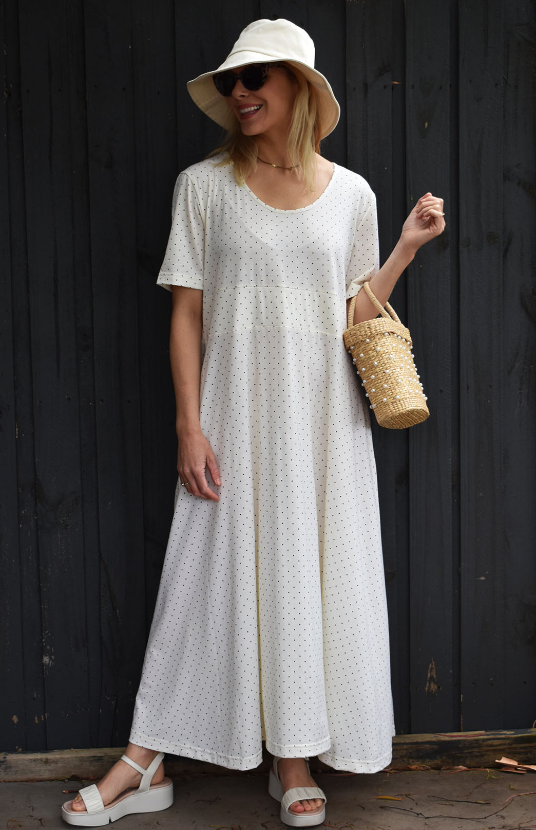 Vintage Ivory & Black Spot Women's Loose Fitting Merino Wool Short Sleeve Dress