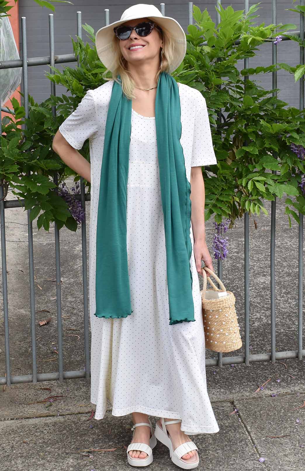 Vintage Ivory & Black Spot Women's Loose Fitting Merino Wool Short Sleeve Dress