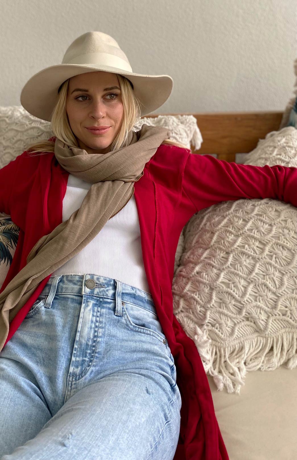 Chilli Red Women's Slimline Long Cardigan with side pockets