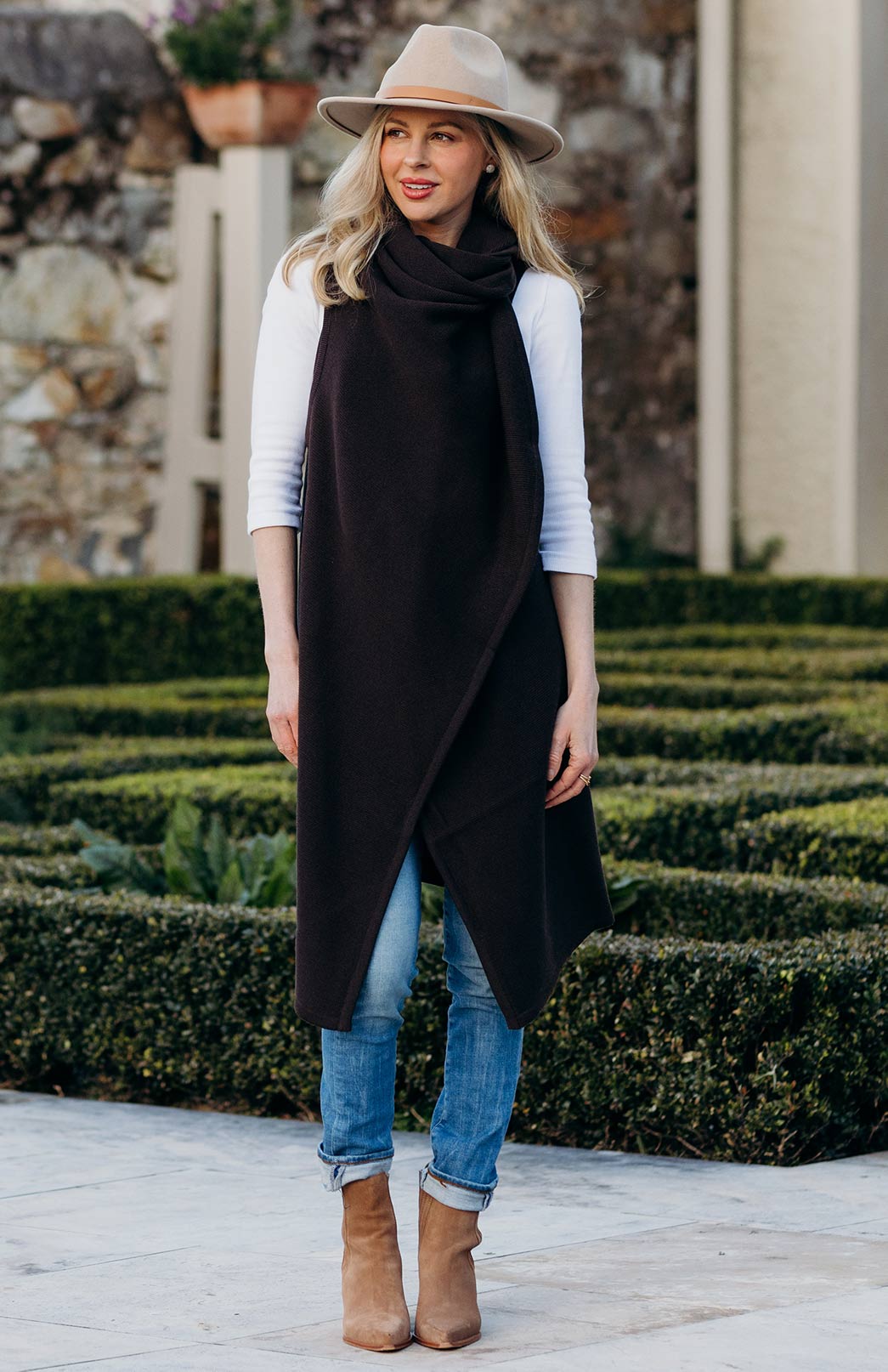 Chocolate Women's Merino Wool Classic Knitted  Sleeveless Wrap