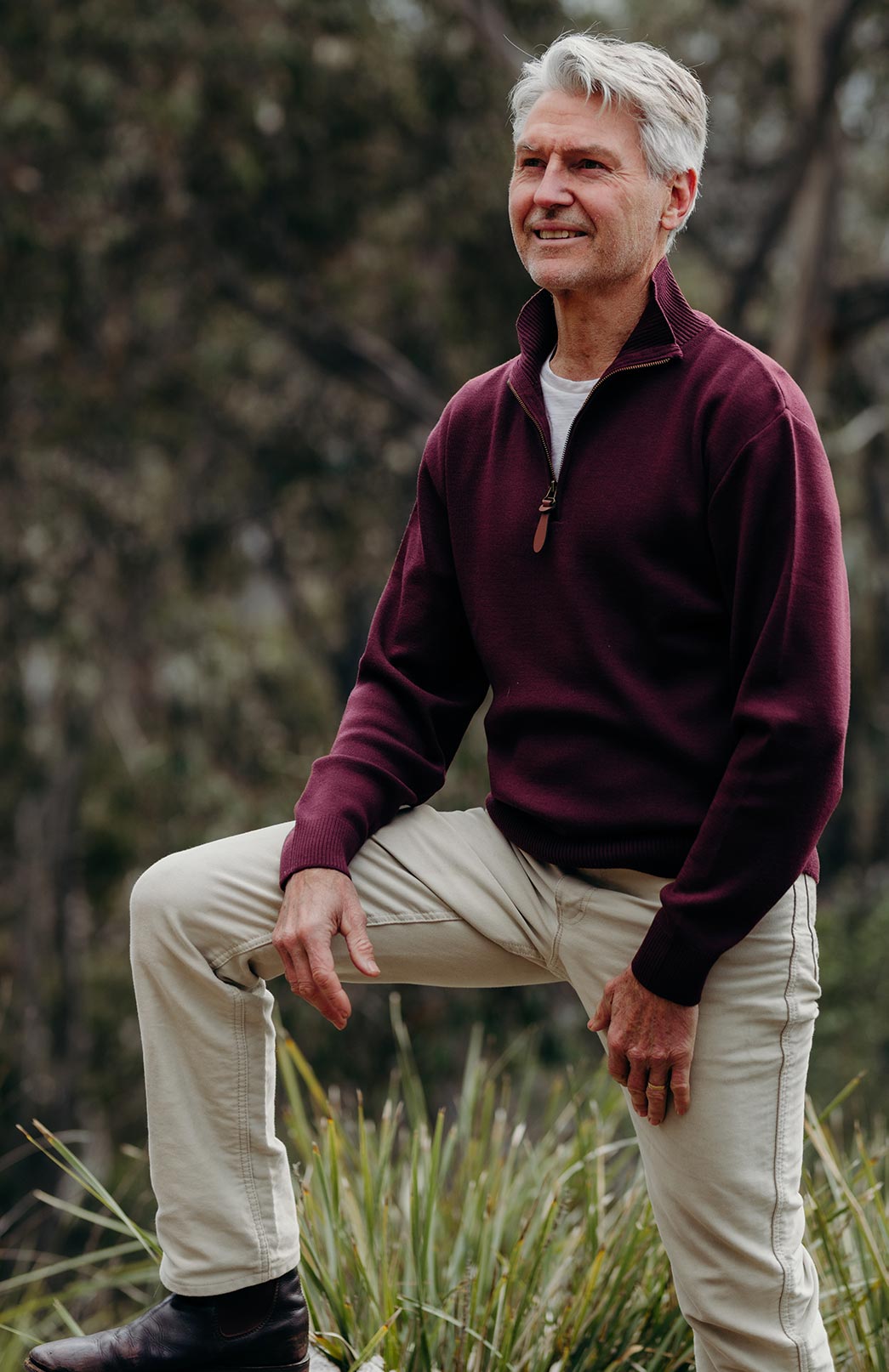 Burgundy Men's Merino Wool Knitted Zip Neck Jumper