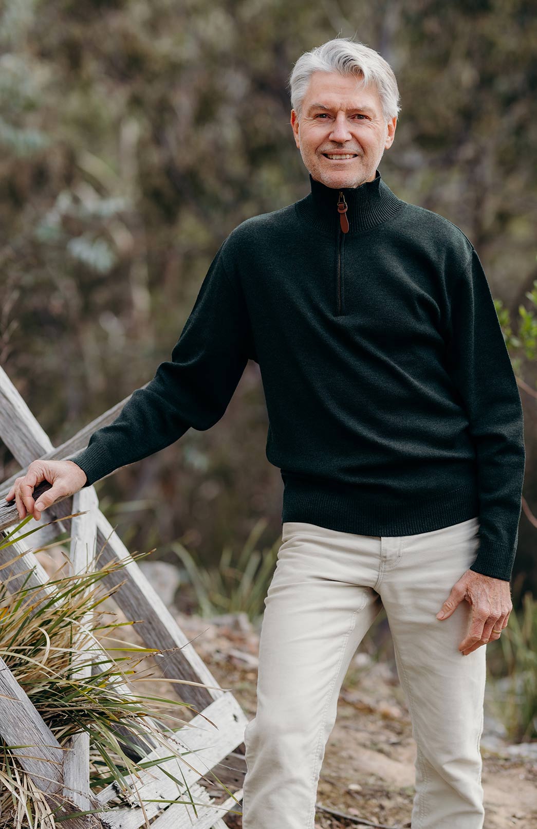 Olive Green Men's Merino Wool Knitted Zip Neck Jumper