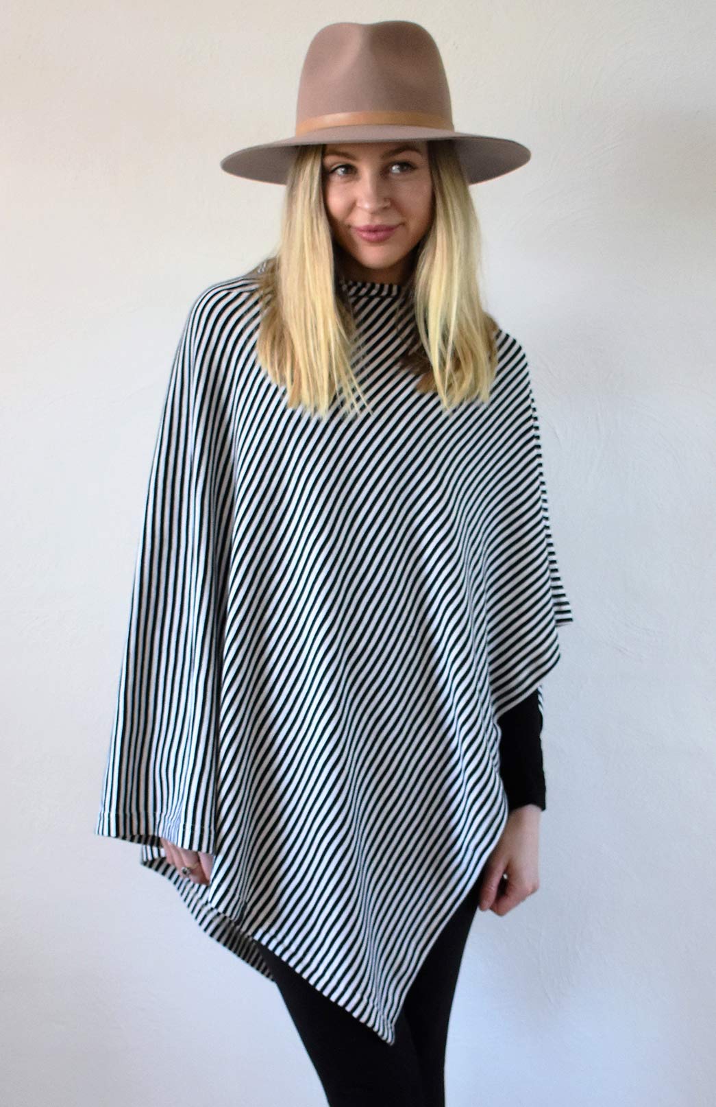 Navy & Ivory Narrow Stripe Women's Merino Wool Plain Poncho
