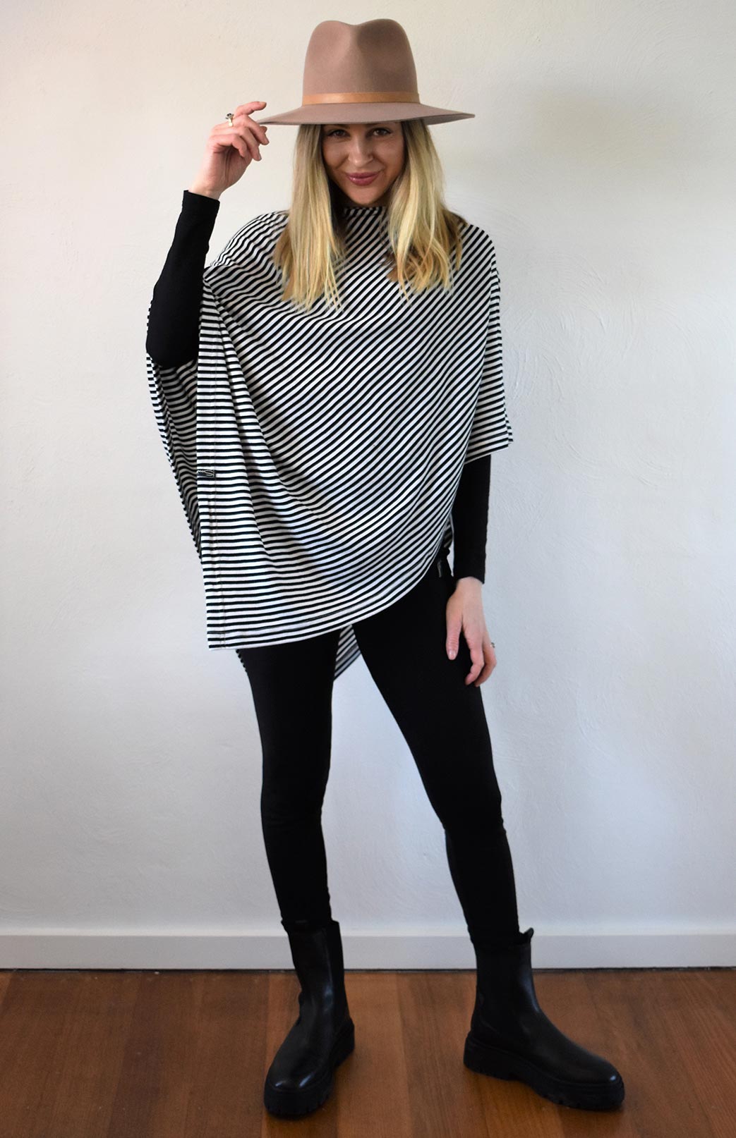 Navy & Ivory Narrow Stripe Women's Merino Wool Plain Poncho