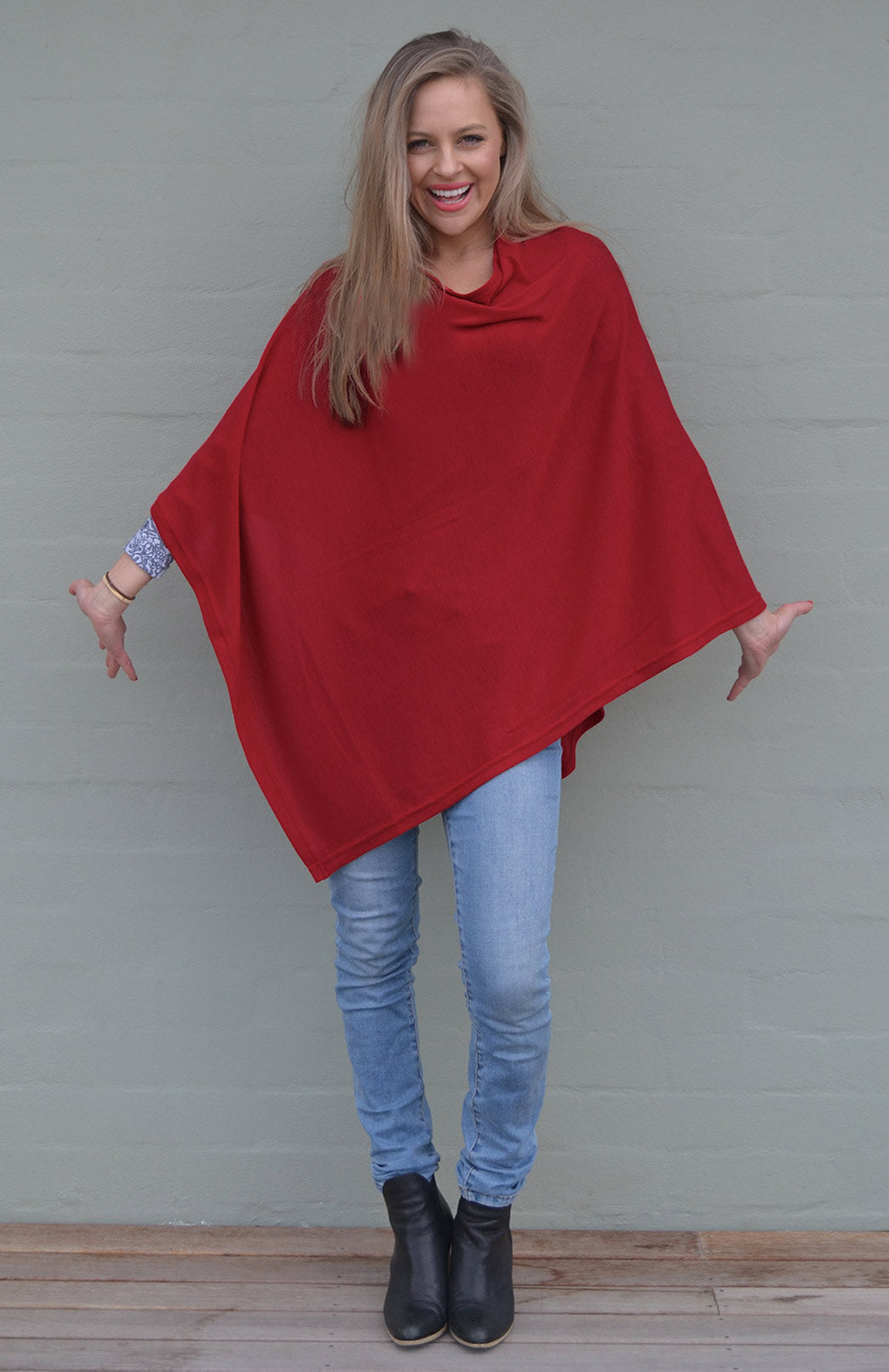 Chilli Red Women's Merino Wool Plain Poncho