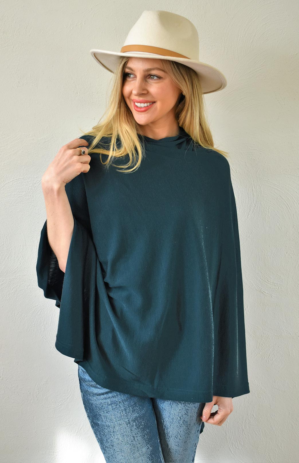 Deep Sea Green Women's Merino Wool Plain Poncho