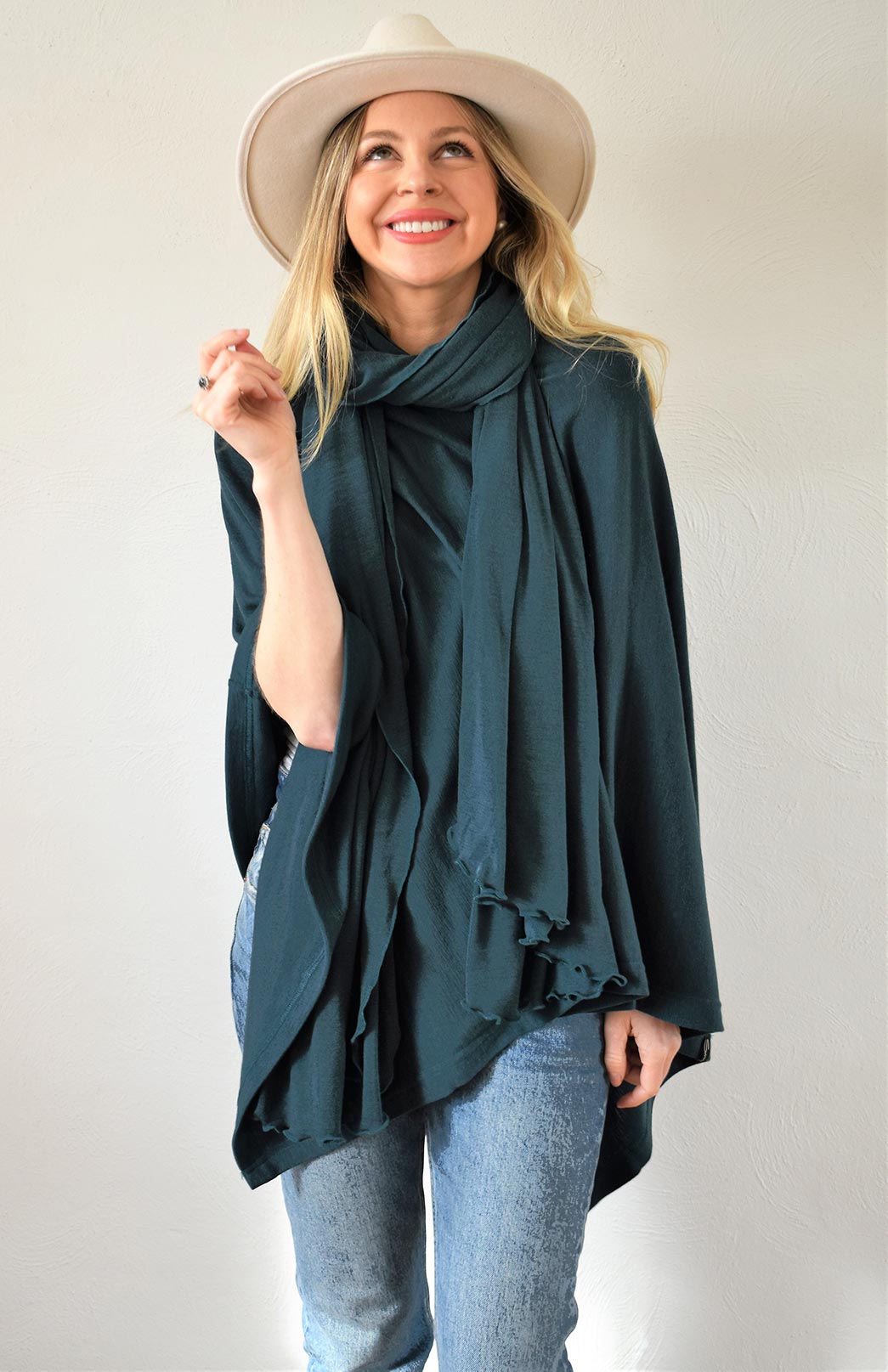 Deep Sea Green Women's Merino Wool Plain Poncho