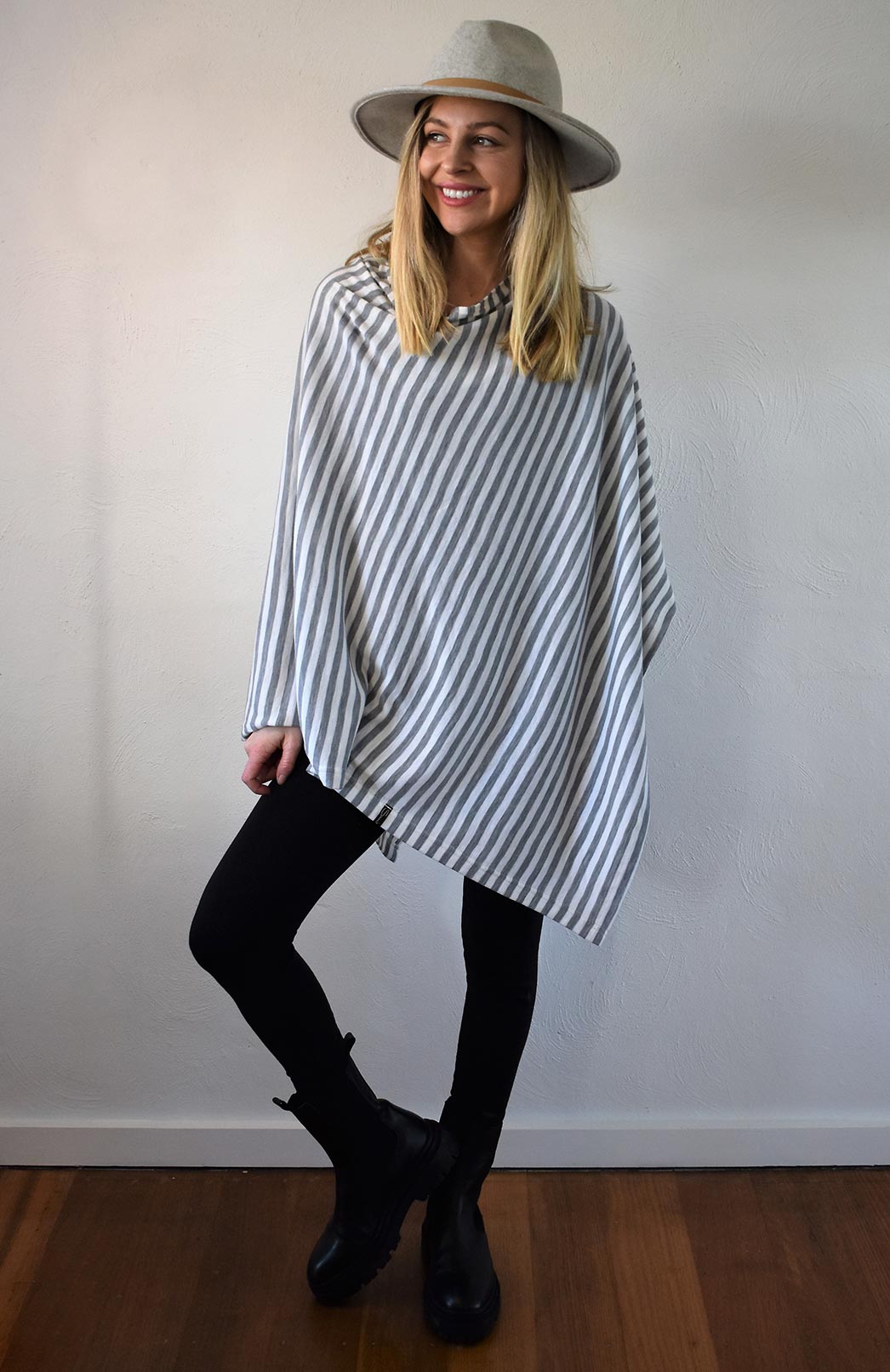 Grey Marl and Ivory Stripe Women's Merino Wool Plain Poncho