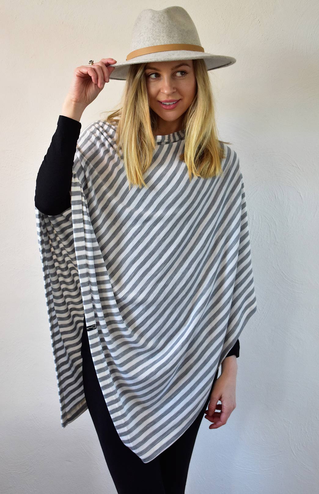 Grey Marl and Ivory Stripe Women's Merino Wool Plain Poncho
