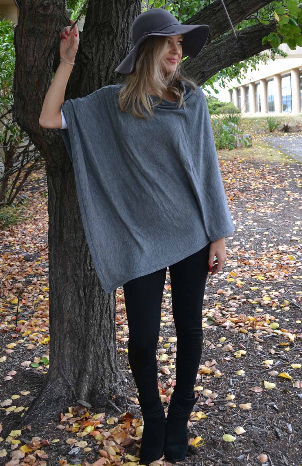 Grey Pinstripe Women&#39;s Merino Wool Plain Poncho
