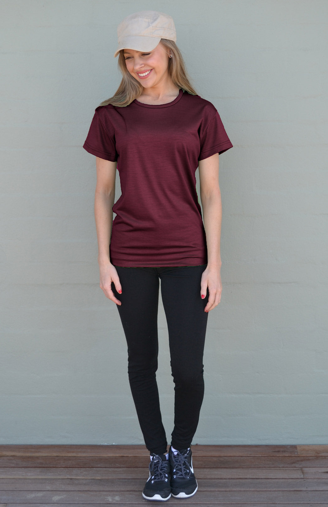 Burgundy Red Women's Merino Wool Short Sleeved Classic Fit T-Shirt