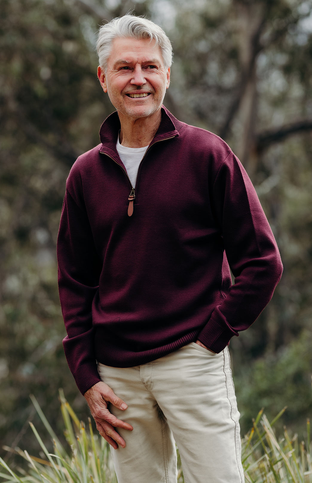 Burgundy Men's Merino Wool Knitted Zip Neck Jumper