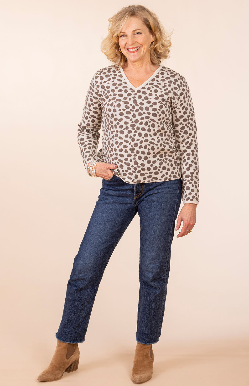 Soft Mocha Leopard Spot - V-Neck Women&#39;s Long Sleeve Classic Knitted Merino Wool Top
