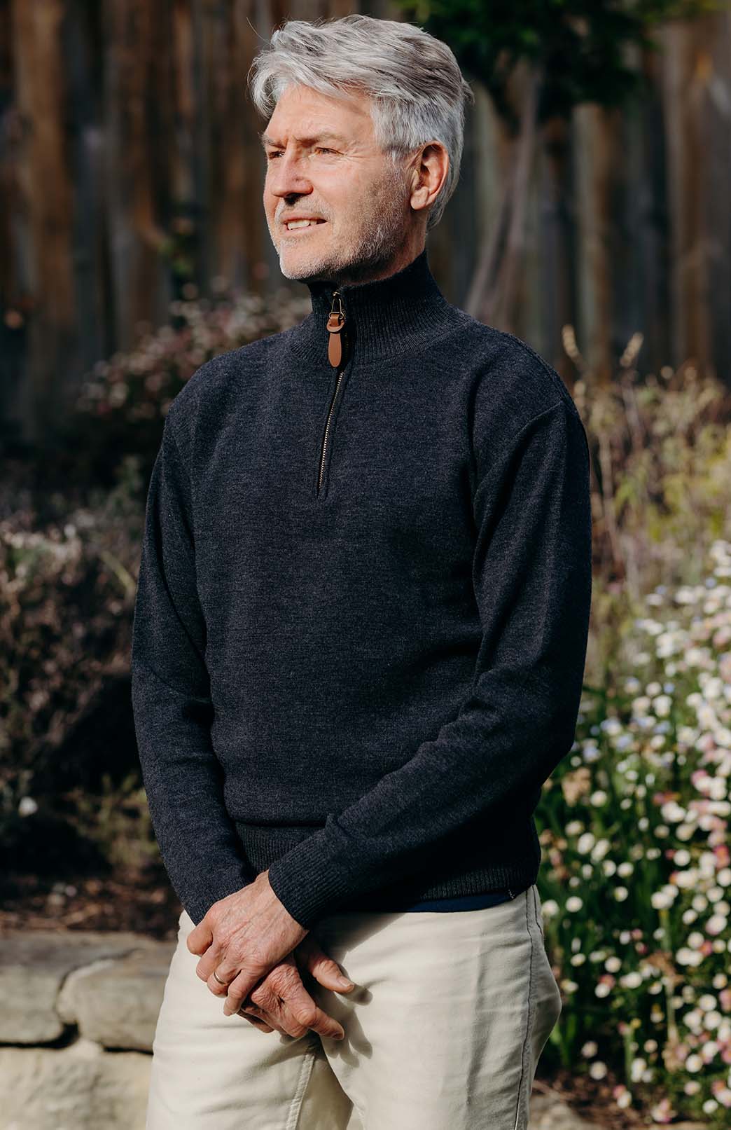 Charcoal Men's Merino Wool Knitted Zip Neck Jumper