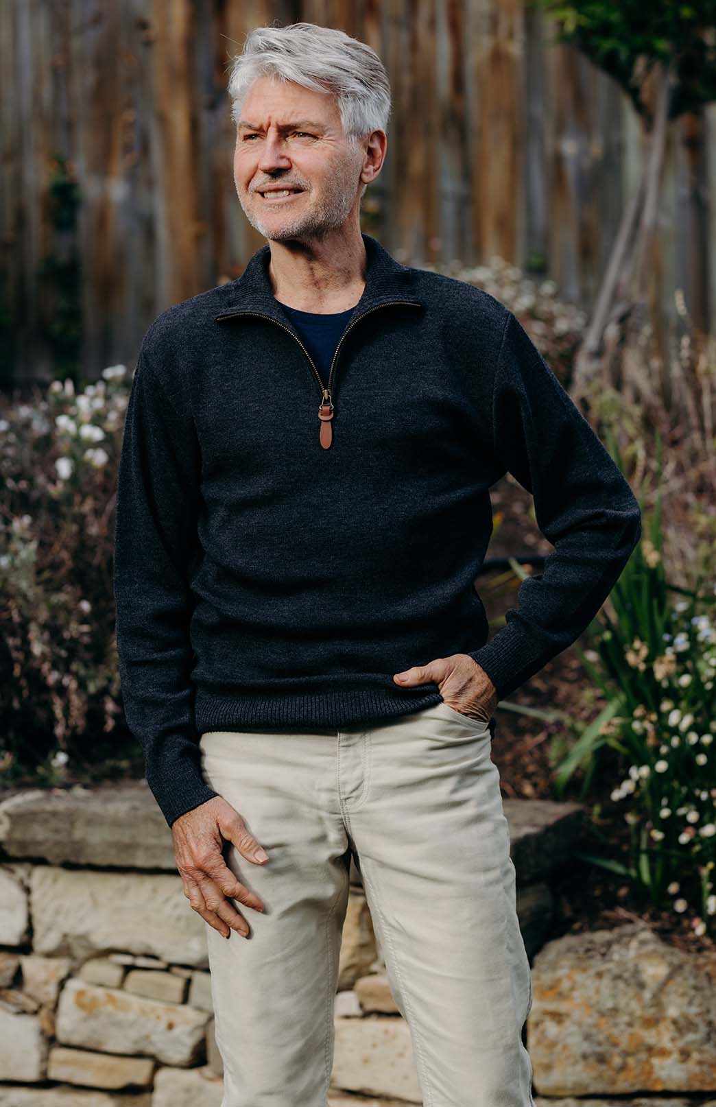 Charcoal Men's Merino Wool Knitted Zip Neck Jumper