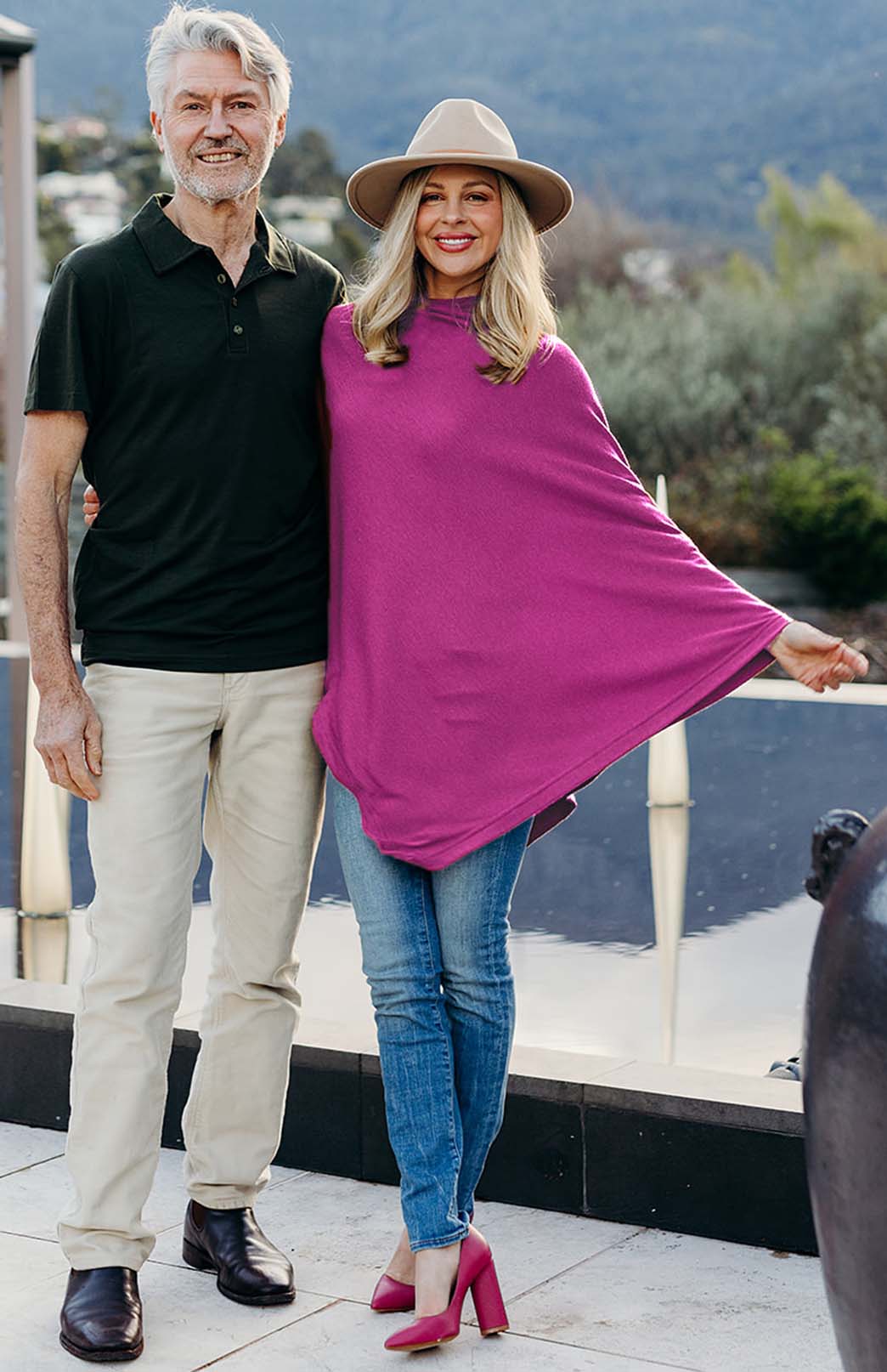 Fuchsia Pink Women's Merino Wool Plain Poncho