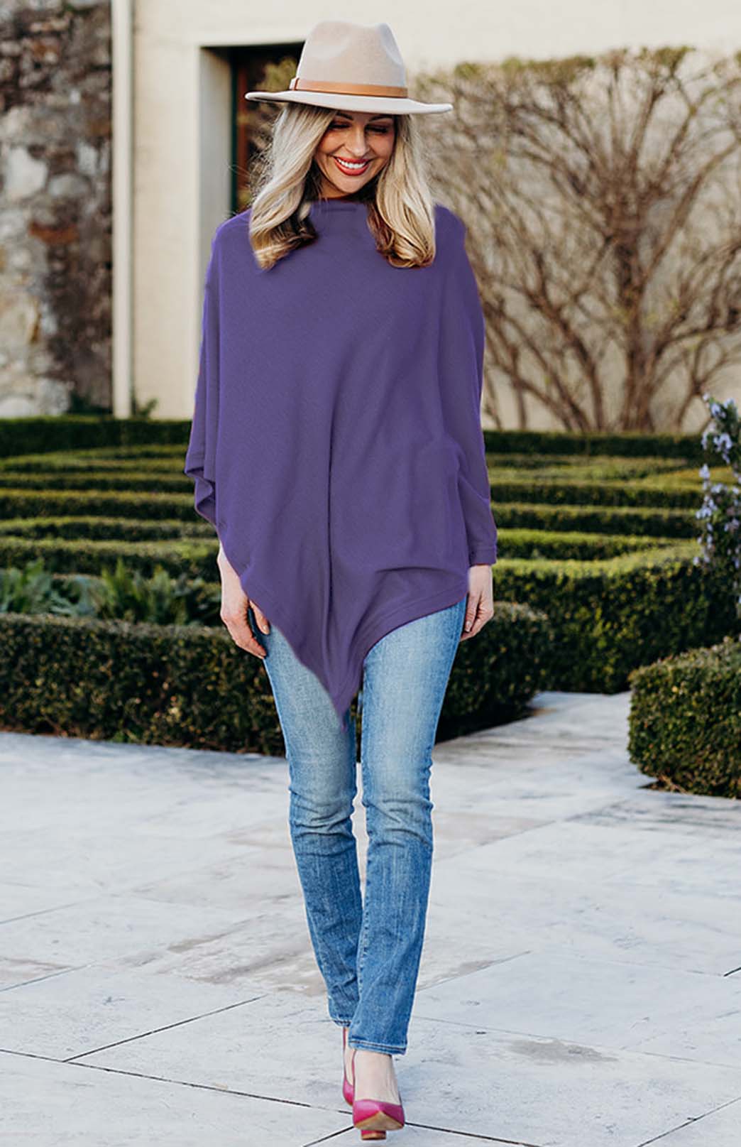 Grape Purple Women's Merino Wool Plain Poncho