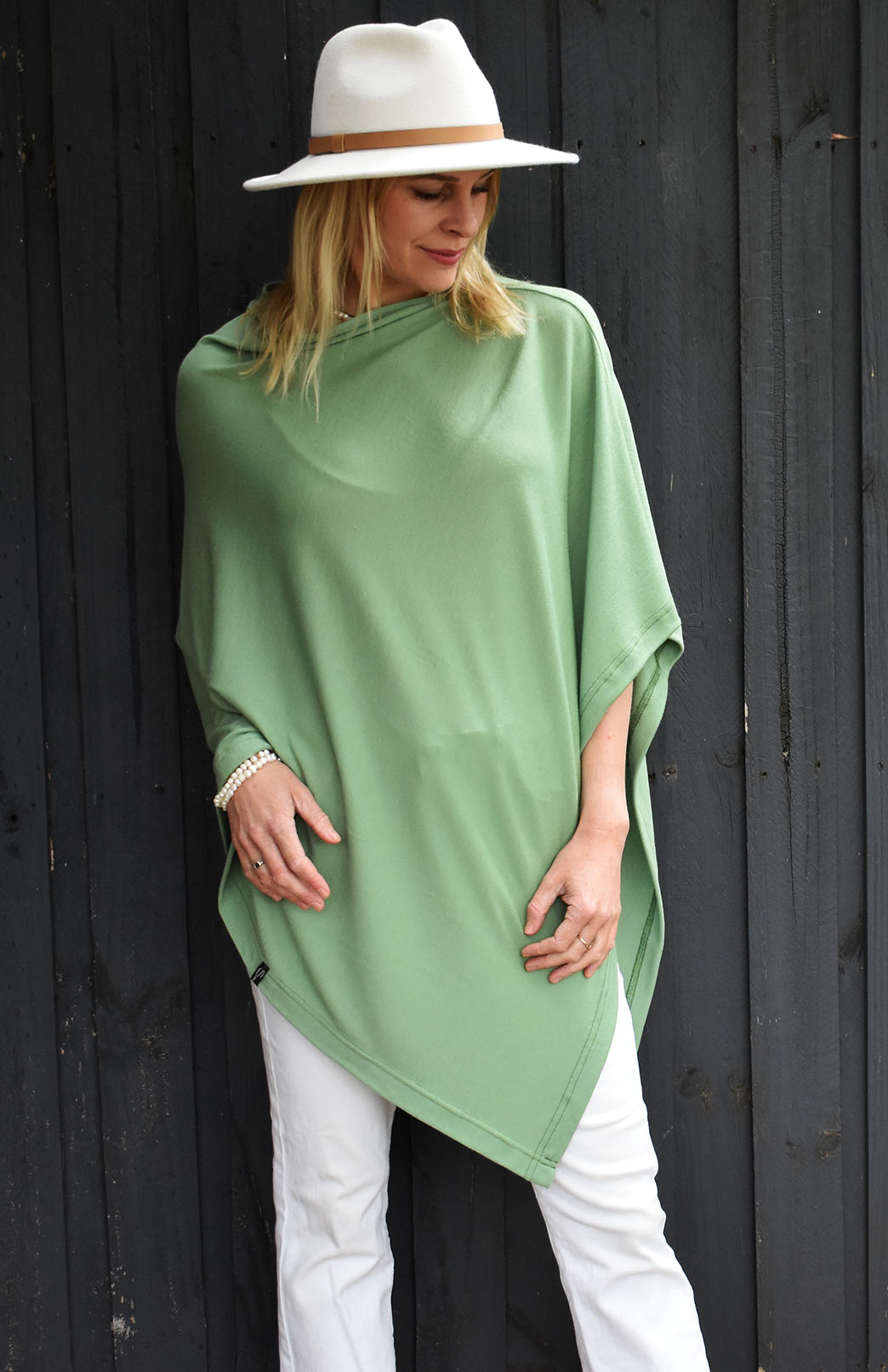 Matcha Green Women's Merino Wool Plain Poncho