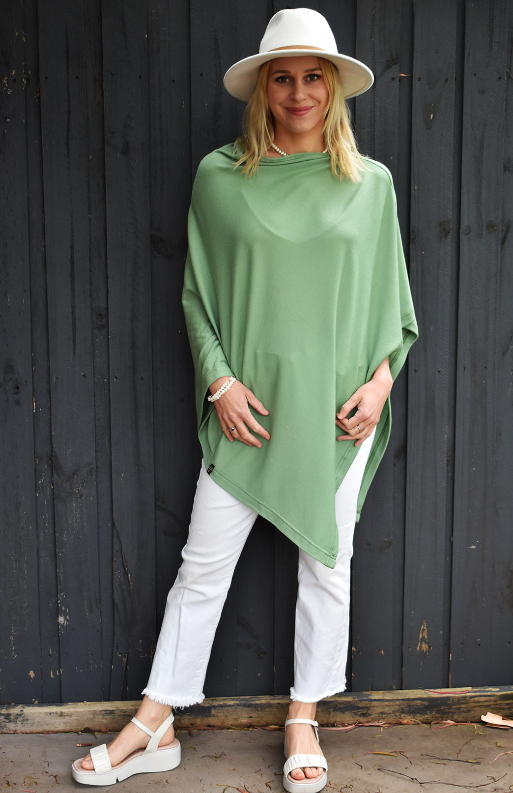 Matcha Green Women's Merino Wool Plain Poncho