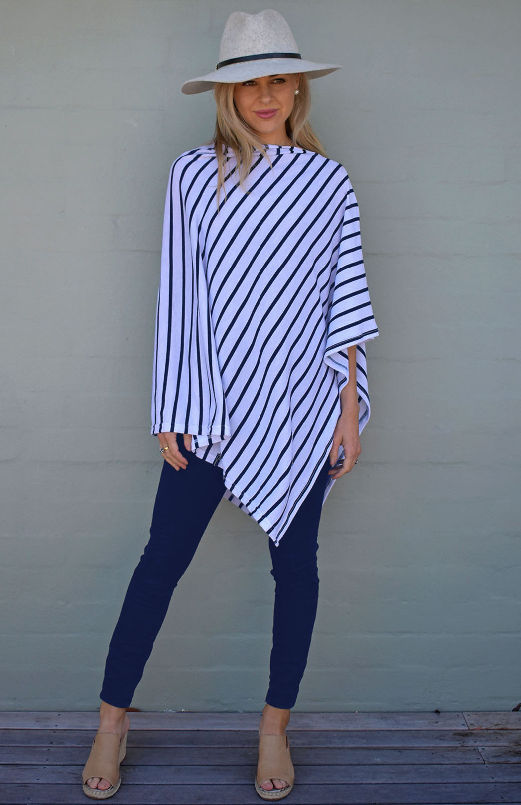 Navy Blue & Cream French Stripe Women's Merino Wool Poncho