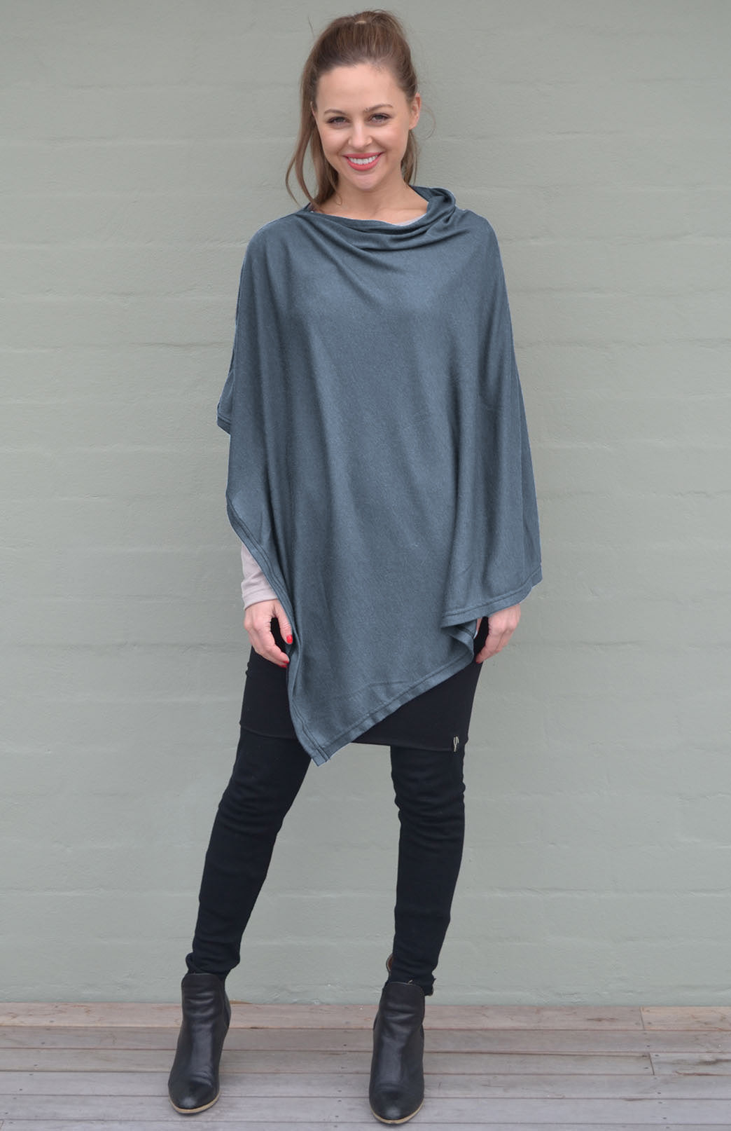 Slate Grey Women's Merino Wool Plain Poncho
