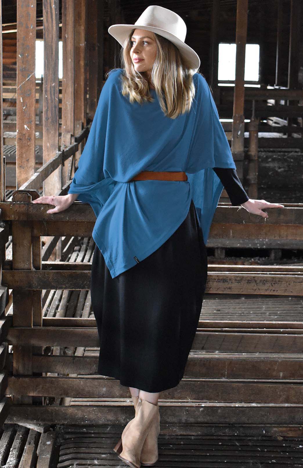 Summer French Blue Women's Merino Wool Plain Poncho