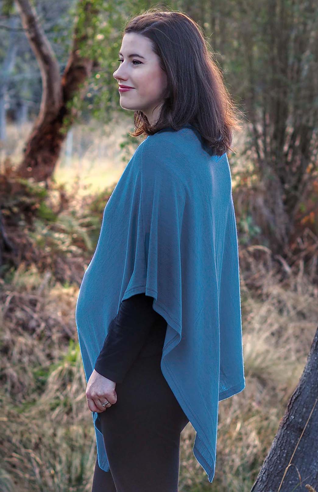Summer French Blue Women's Merino Wool Plain Poncho