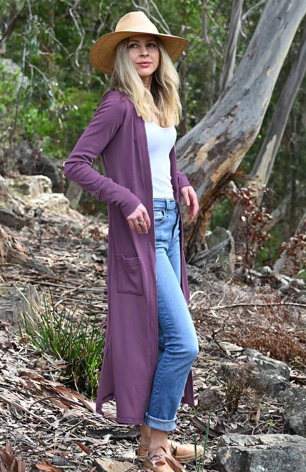 Amethyst Purple Women's Slimline Long Cardigan with side pockets
