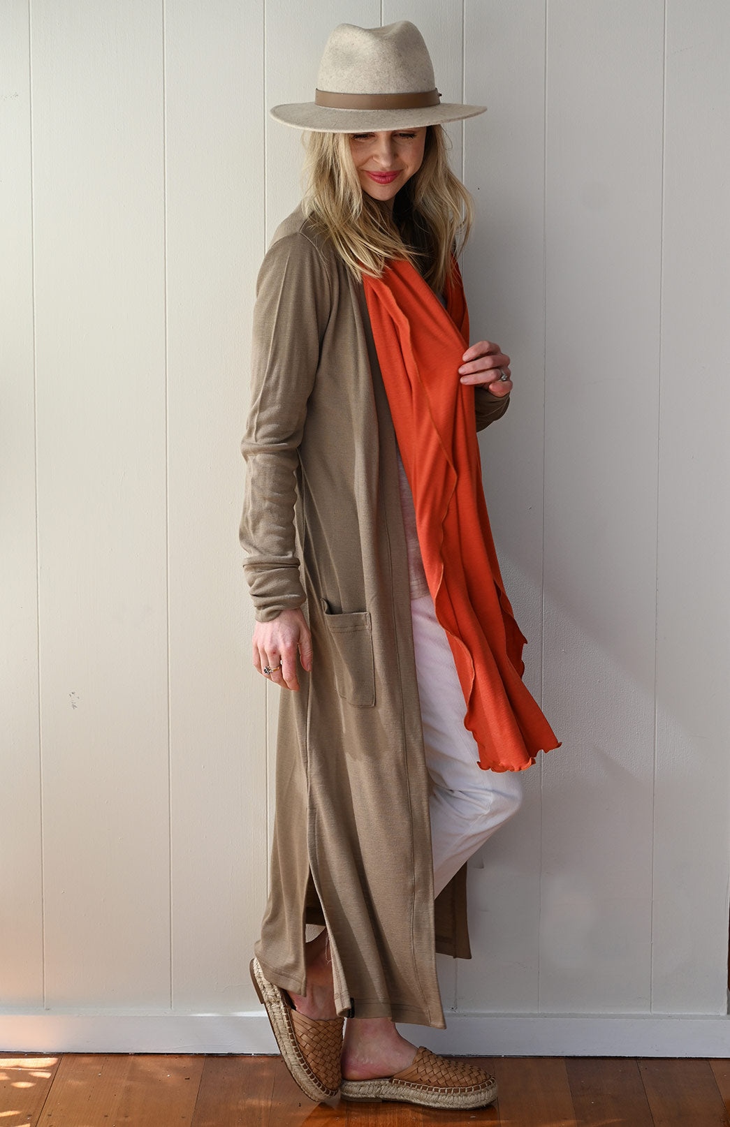 Caramel Women's Slimline Long Cardigan with side pockets