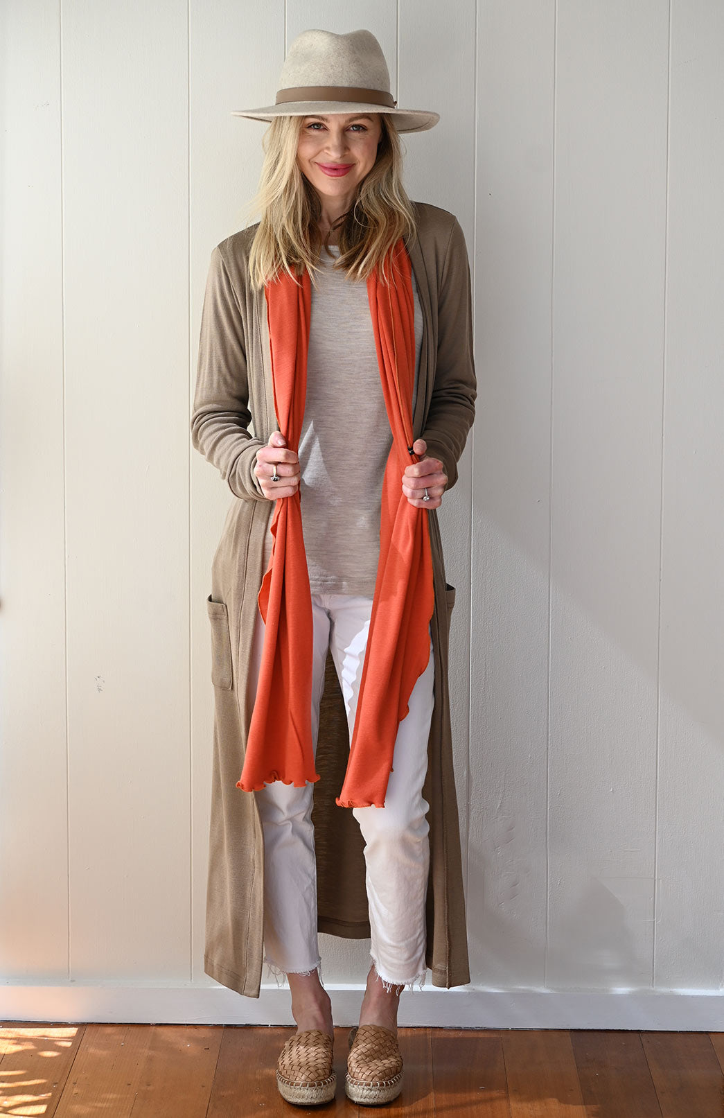 Caramel Women's Slimline Long Cardigan with side pockets