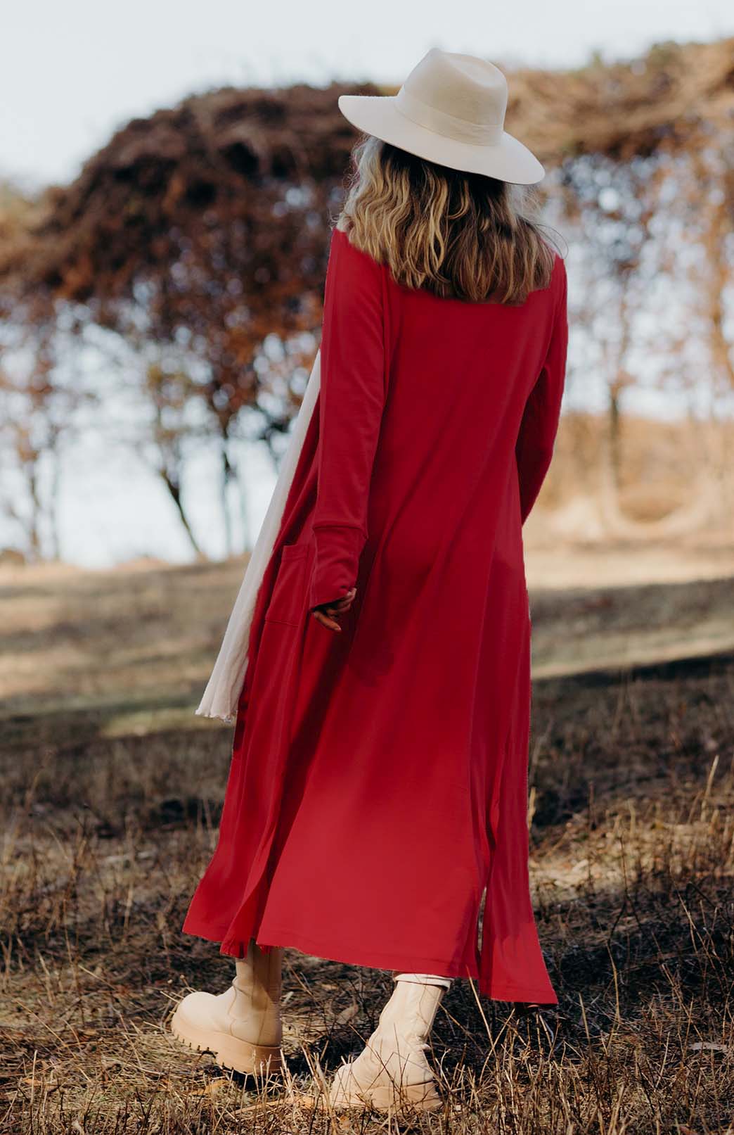 Chilli Red Women's Slimline Long Cardigan with side pockets