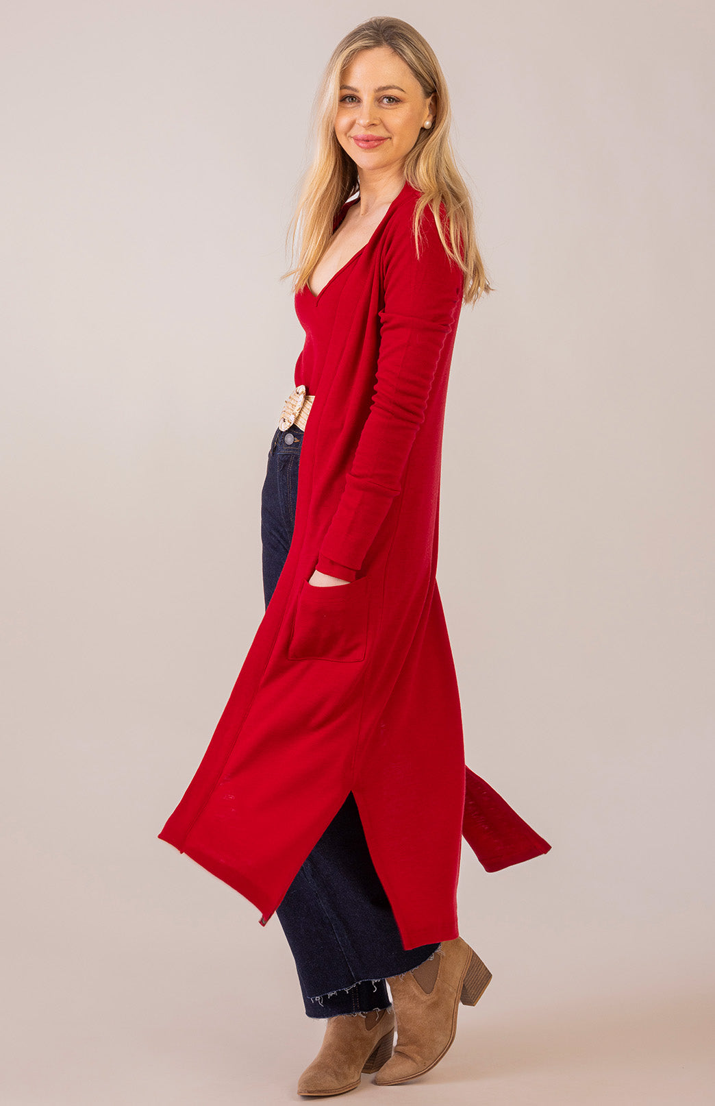 Chilli Red Women's Slimline Long Cardigan with side pockets